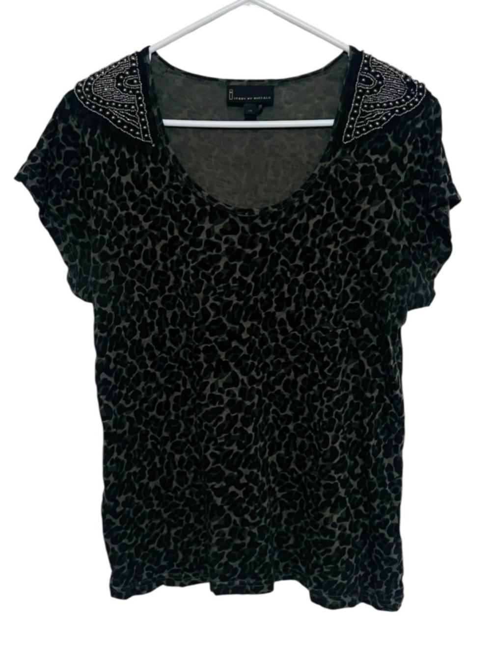 i Jeans by Buffalo Y2K Top Women's Large Leopard Lace Studded Embellished Tee